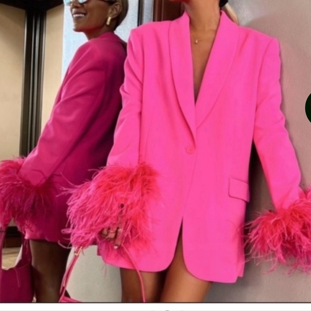 NWOT Zara Pink Feather Cuff Blazer - Picture 7 of 7